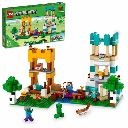 LEGO Minecraft 21249 Crafting Box 4.0 with Alex, Steve, Creeper, and 2-in-1 build options: River Tower and Cat Hut
