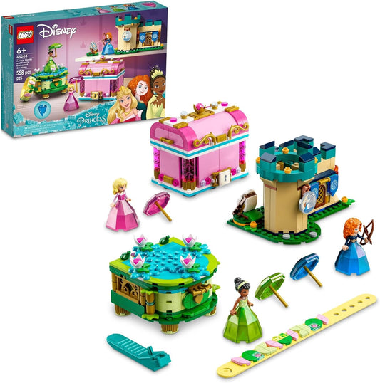 LEGO 43203 Disney Princess Enchanted Creations set with Aurora, Merida, Tiana mini-dolls, jewelry boxes, pencil holder, and DOTS bracelet
