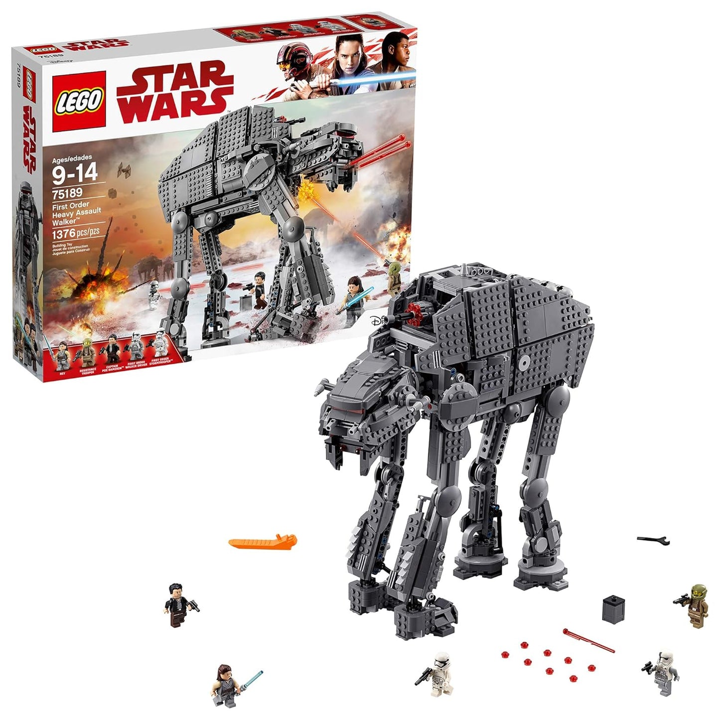LEGO Star Wars First Order Heavy Assault Walker 75189 with posable legs, head, minifigure cockpit, spring-loaded shooters, and 5 minifigures, designed for builders aged 9+
