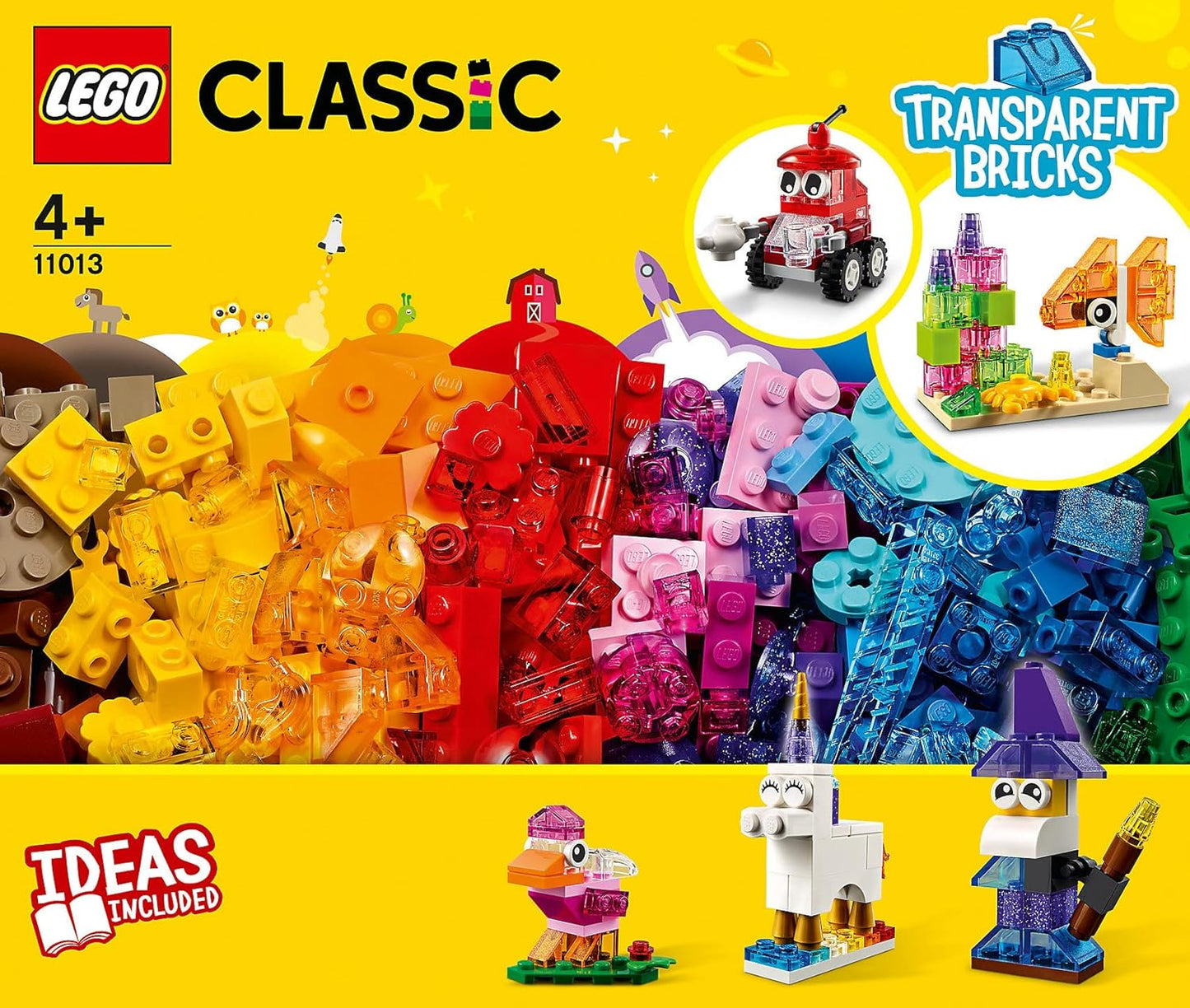 LEGO 11013 Classic Creative Transparent Bricks set with 500 pieces, featuring colorful transparent blocks
