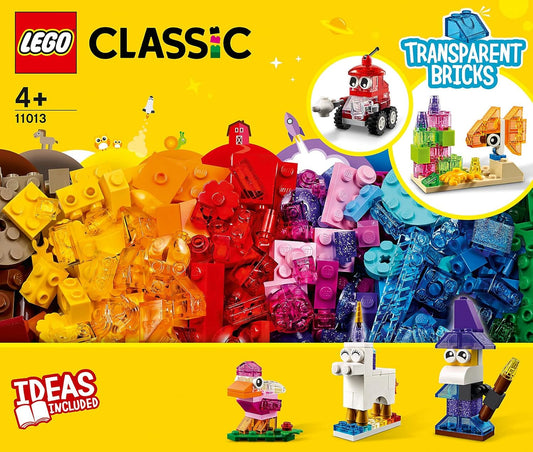 LEGO 11013 Classic Creative Transparent Bricks set with 500 pieces, featuring colorful transparent blocks