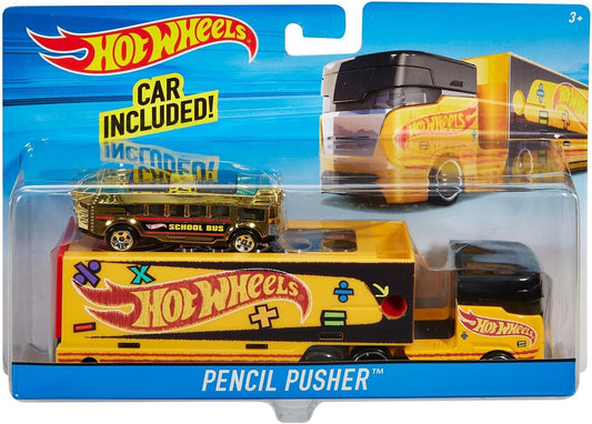 Hot Wheels PENCIL PUSHER Vehicle Truck & School Bus Car Set w/Detachable Cab