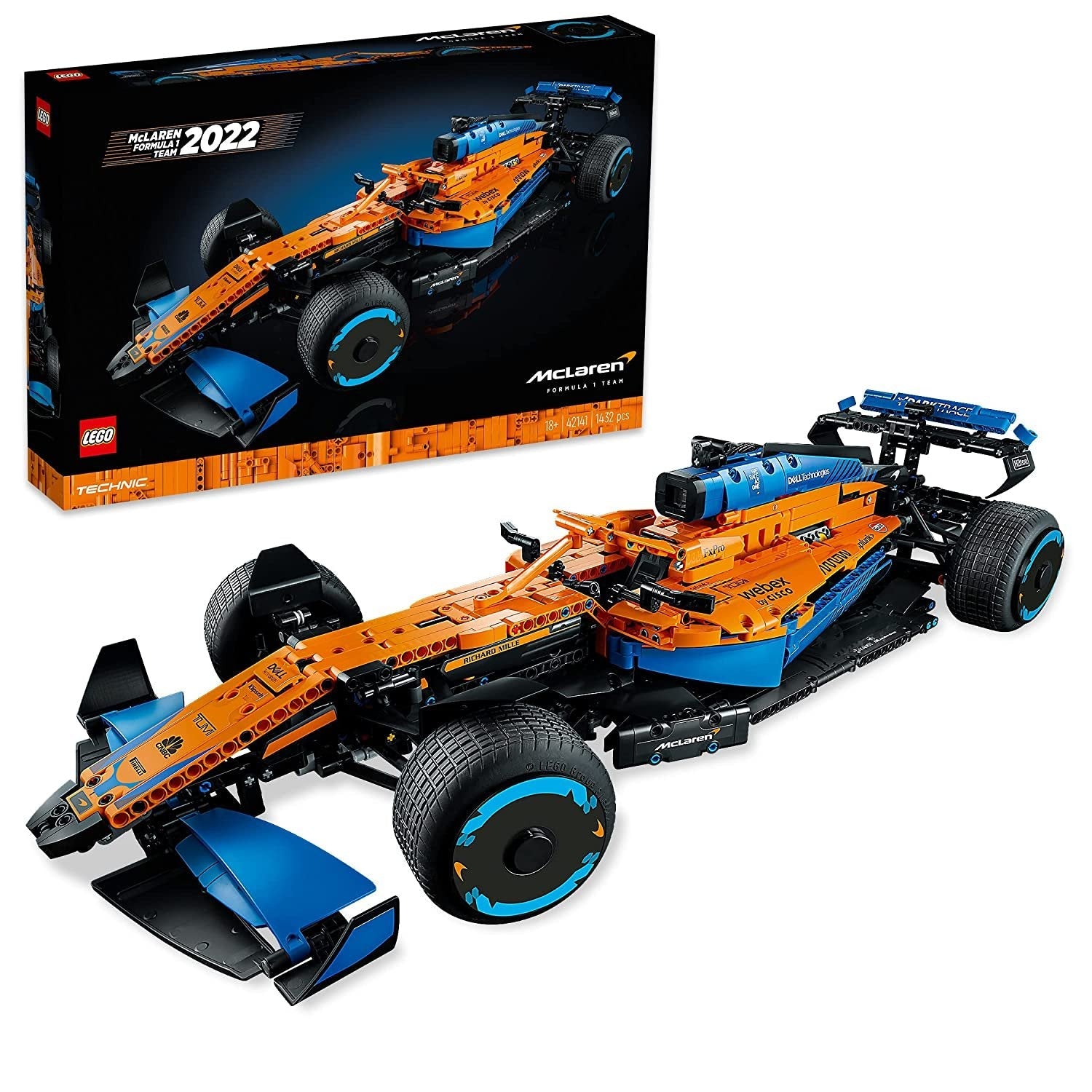 LEGO Technic McLaren Formula 1 Race Car 42141 set with 1,434 pieces, including a V6 engine with moving pistons, steering, suspension, and differential.