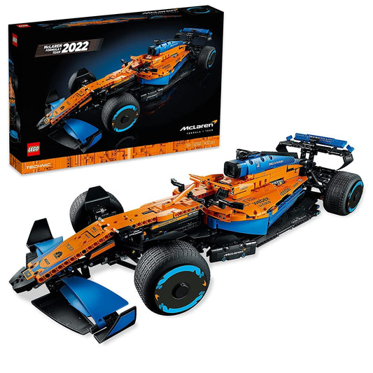 LEGO Technic McLaren Formula 1 Race Car 42141 set with 1,434 pieces, including a V6 engine with moving pistons, steering, suspension, and differential.