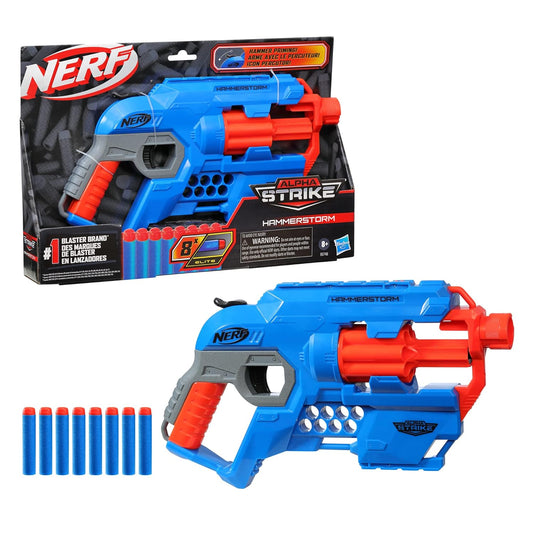 Nerf Alpha Strike Hammerstorm Blaster – Hammer-Priming Action, Rotating 8-Dart Drum, 8 Official Nerf Elite Darts – for Children, Teens, Adults, Multicolor