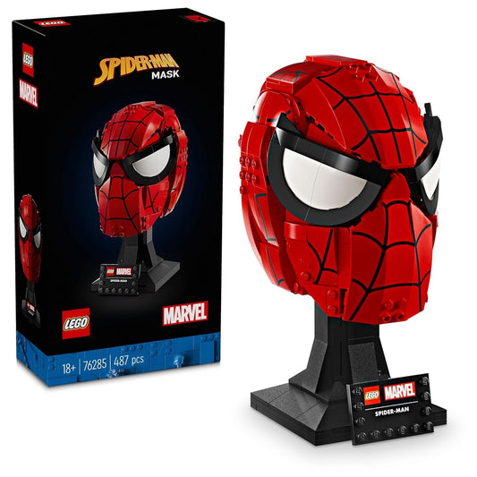 LEGO Marvel 76285 Spider-Man’s Mask set showcasing the detailed red and black mask on a display stand with a nameplate.​
