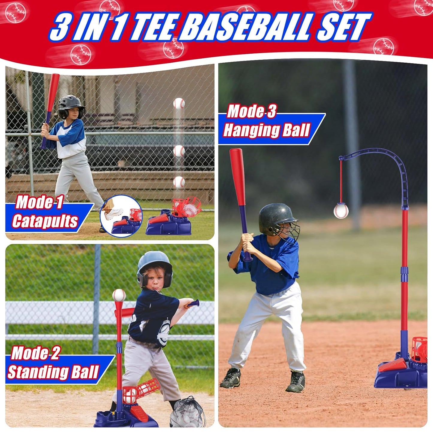 3-in-1 Kids Baseball Set – Tee Stand, Hanging Tee & Ball Launcher with 6 Balls | Adjustable Height Outdoor Game (Ages 3–12)