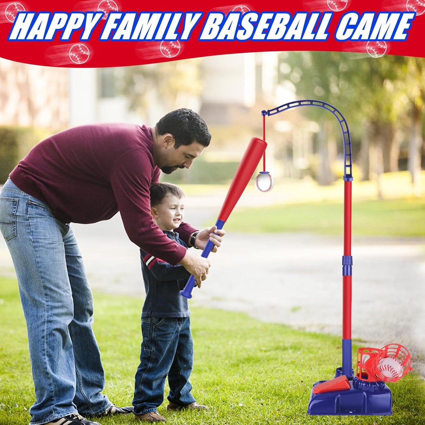 3-in-1 Kids Baseball Set – Tee Stand, Hanging Tee & Ball Launcher with 6 Balls | Adjustable Height Outdoor Game (Ages 3–12)