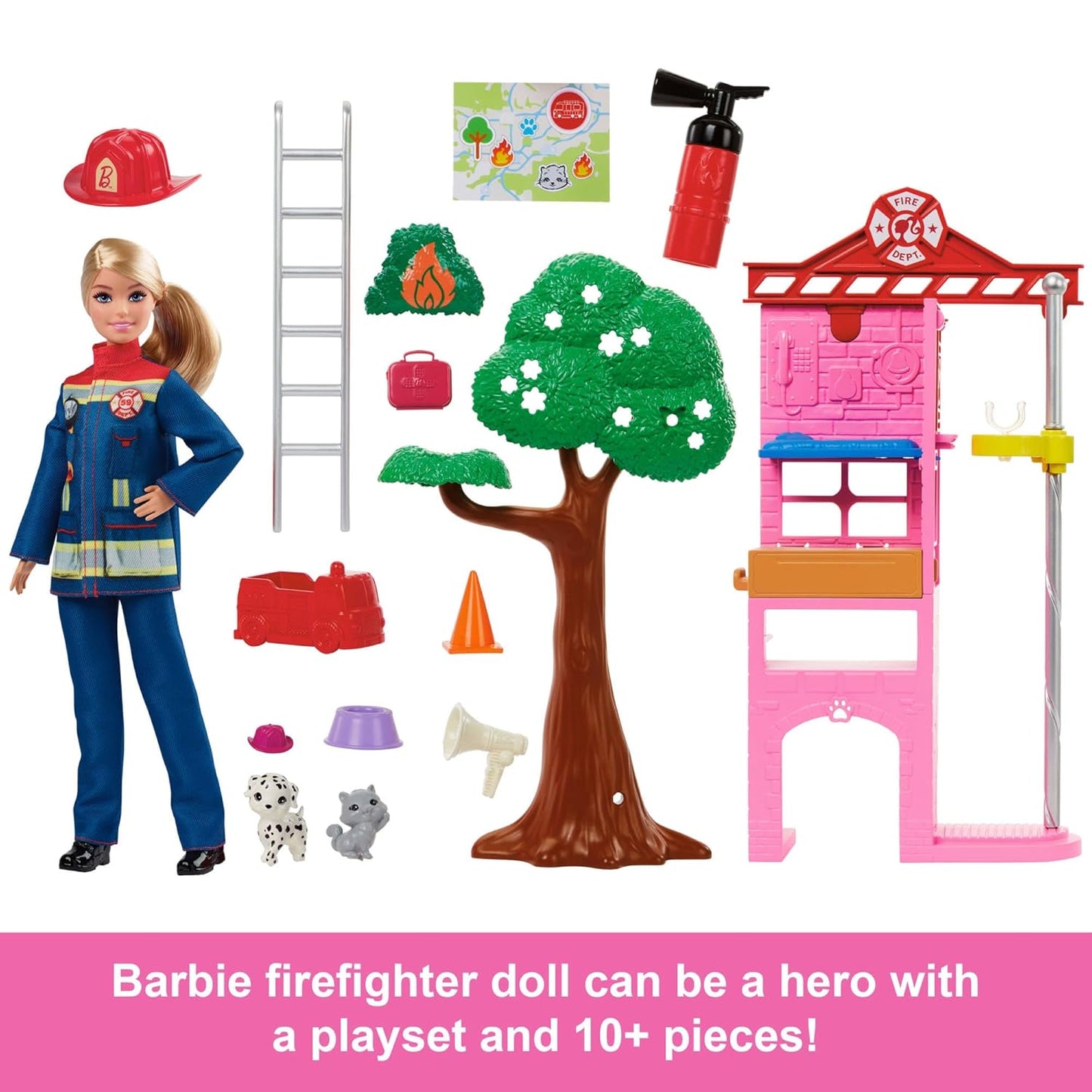 Barbie Careers Firefighter Doll & Playset with Fire Station & Tree, 2 Pets, Color-Change & 10+ Accessories Including Fire Extinguisher Squirt Toy