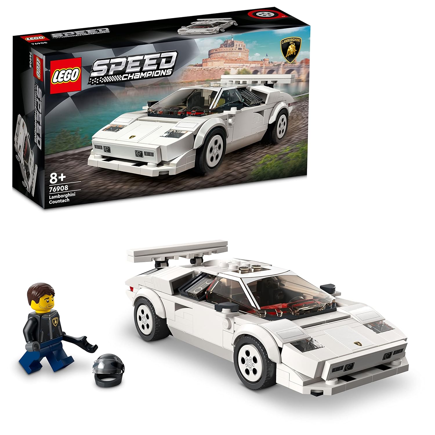 LEGO Speed Champions Lamborghini Countach 76908 set with 262 pieces, featuring a white Lamborghini Countach model with a branded racing driver minifigure, including a crash helmet, wig, and wrench.