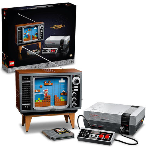 LEGO Nintendo Entertainment System 71374 set showcasing a detailed NES console, controller, and retro TV with an 8-bit Mario figure on the screen.​

