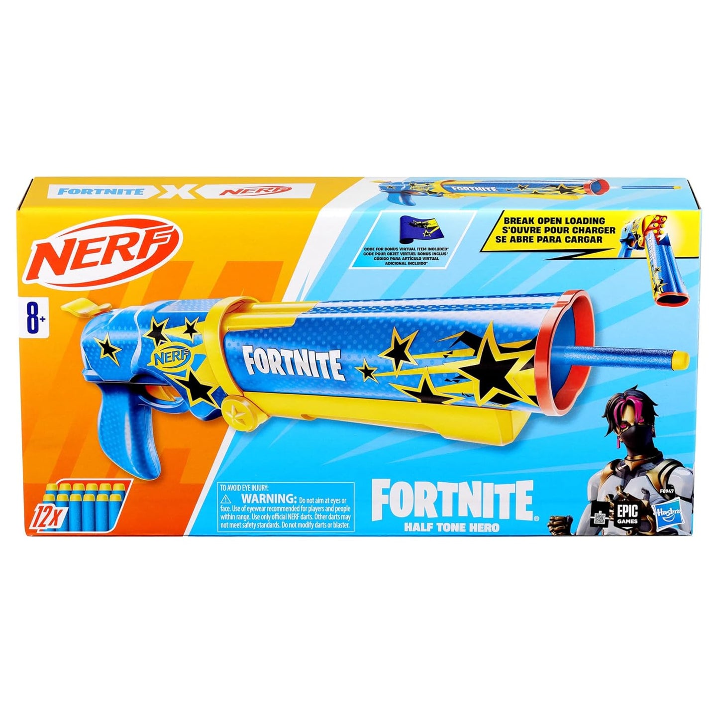 Nerf Fortnite Half Tone Hero Blaster, Bonus Code to Unlock Half Tone Hero Wrap in The Game, Break Open Loading, 12 Nerf Elite Darts