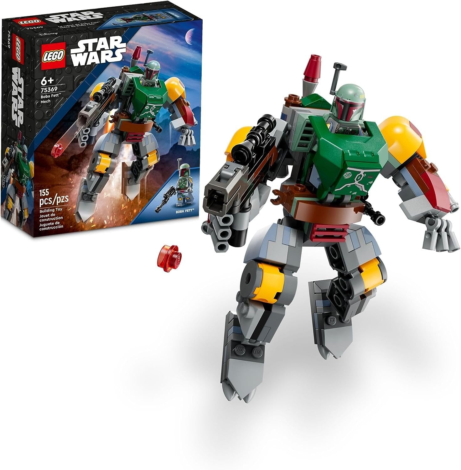 LEGO 75369 Star Wars Boba Fett Mech set featuring a posable mech suit, stud-shooting blaster, and Boba Fett minifigure with jetpack.