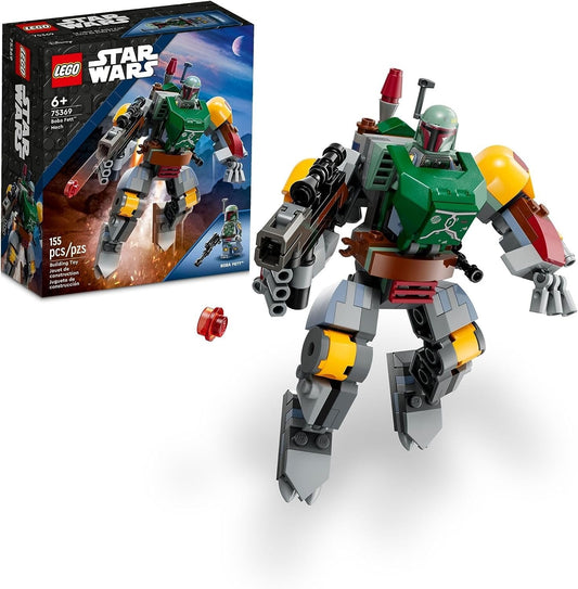 LEGO 75369 Star Wars Boba Fett Mech set featuring a posable mech suit, stud-shooting blaster, and Boba Fett minifigure with jetpack.