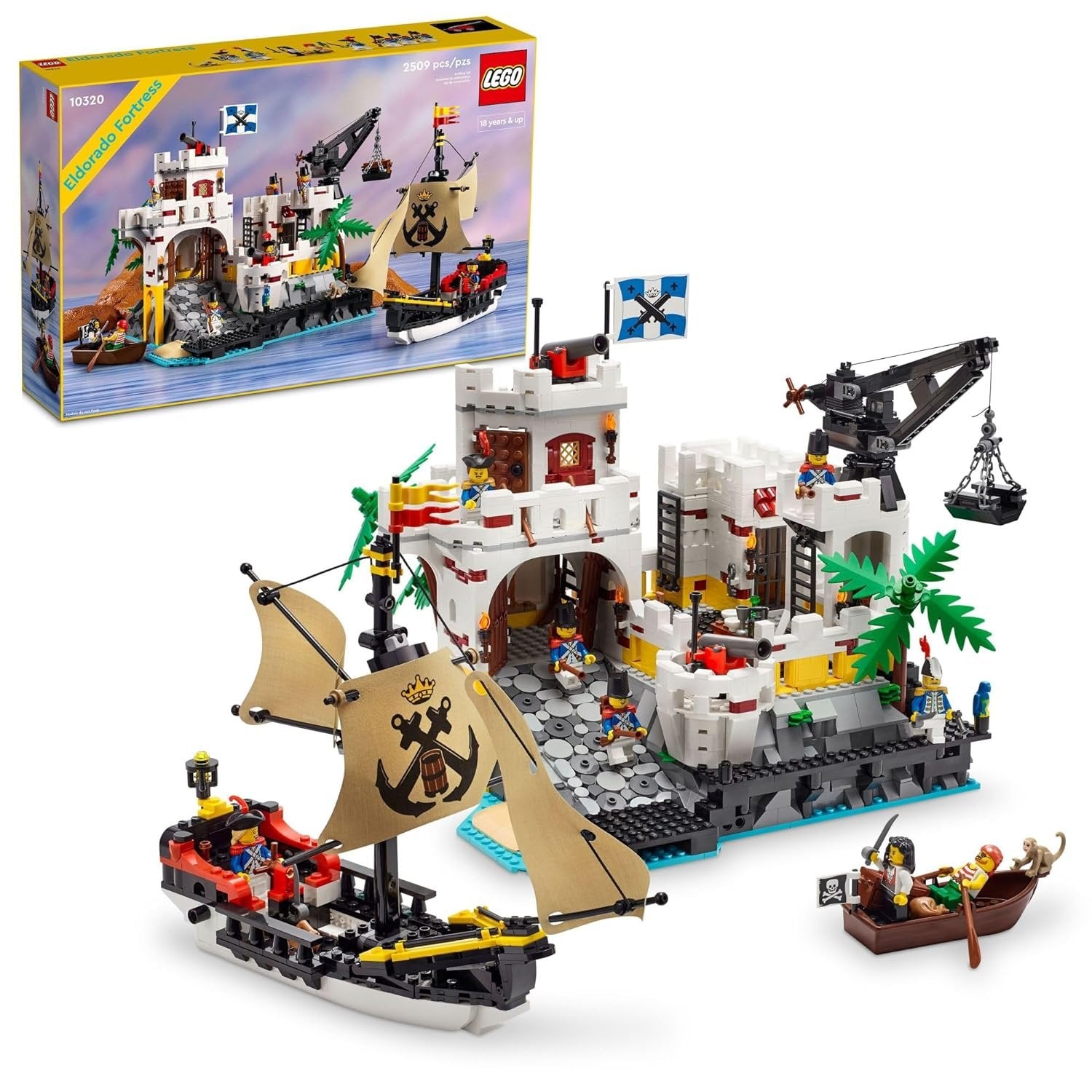 LEGO Icons 10320 Eldorado Fortress set showcasing the detailed fortress, pirate ship with fabric sails, and minifigures, highlighting its modular design and accessories.​
