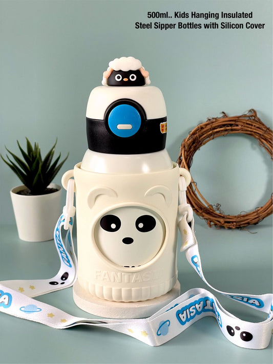 Cute Premium Kids Insulated Water Bottle Stainless with Silicon Cover 500 ML (White)