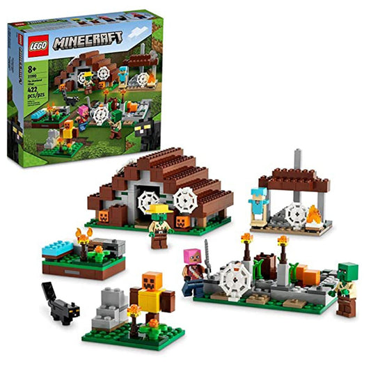 LEGO Minecraft The Abandoned Village 21190 set featuring Steve, zombies, and detailed accessories for immersive gameplay.