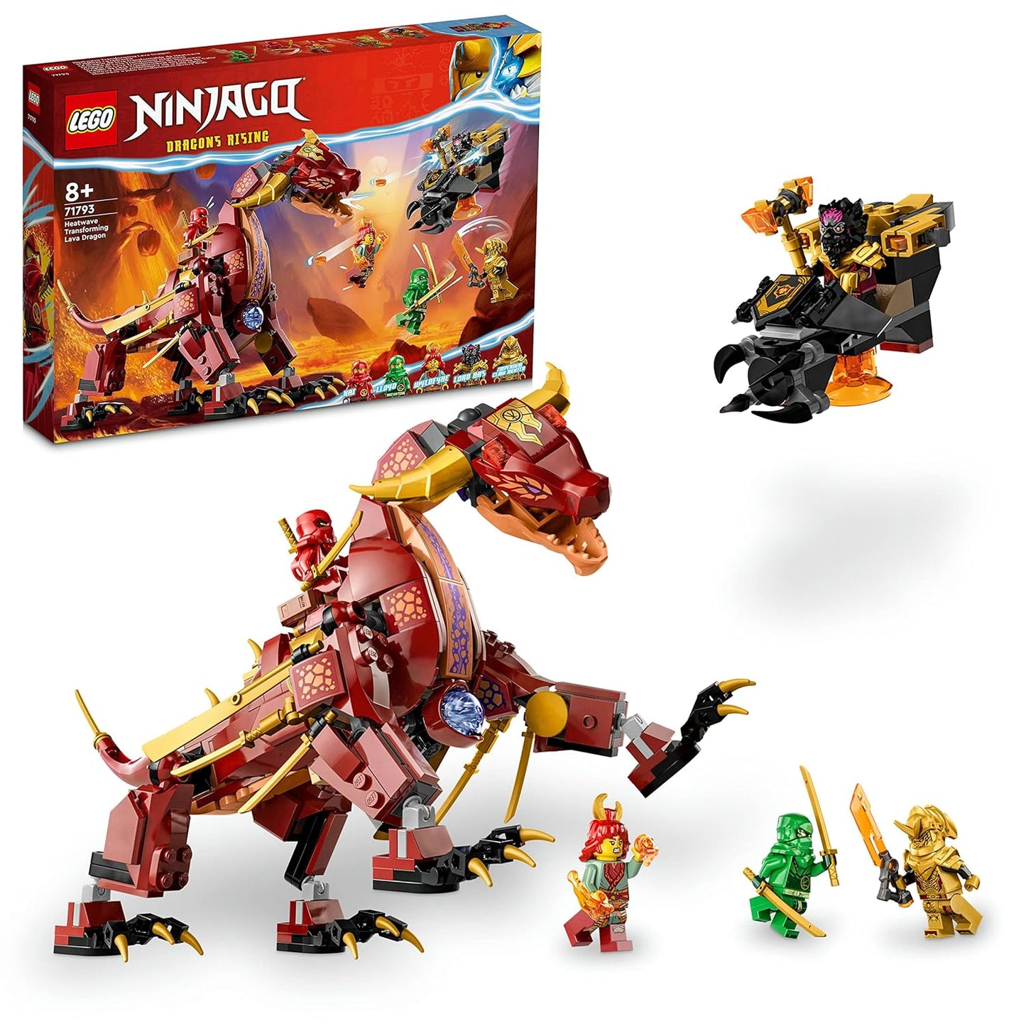 LEGO NINJAGO Heatwave Transforming Lava Dragon 71793 set featuring a dual-mode dragon, hovercraft, and 5 minifigures including Kai and Lloyd.​