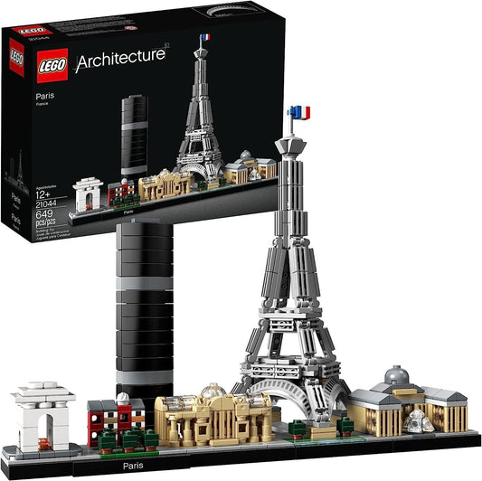 LEGO 21044 Paris Skyline set featuring detailed models of the Eiffel Tower, Louvre, Arc de Triomphe, Champs-Élysées, Tour Montparnasse, and Grand Palais.​
