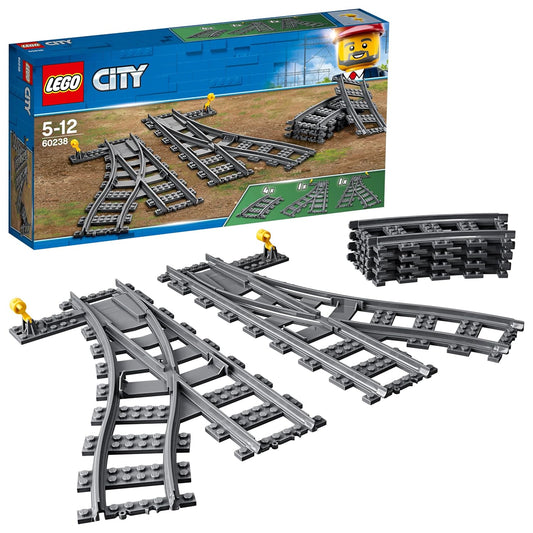 LEGO City 60238 Switch Tracks set featuring curved and switch track pieces for expanding custom LEGO train layouts.