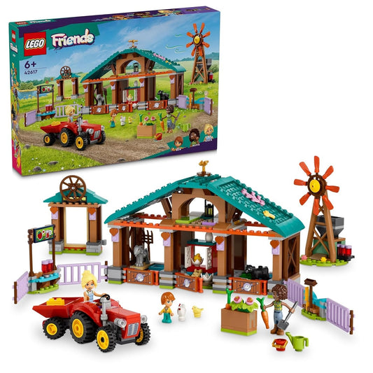 LEGO Friends 42617 Farm Animal Sanctuary set featuring a farm building with separate animal areas, tractor, windmill, and 5 animal figures for imaginative play.
