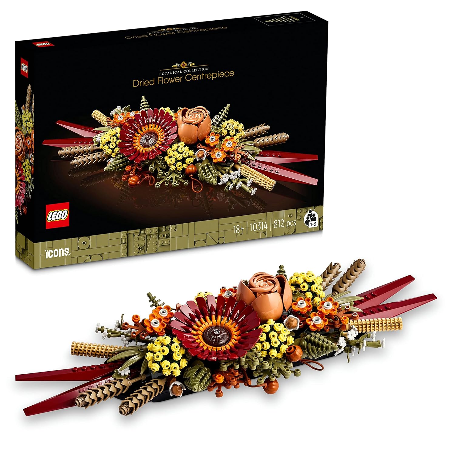 LEGO 10314 Icons Dried Flower Centrepiece featuring realistic floral elements in warm autumn tones from the Botanical Collection