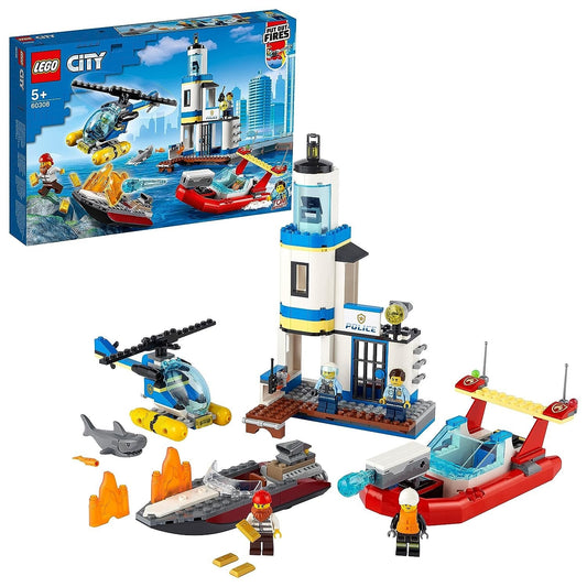 LEGO City Seaside Police and Fire Mission 60308 set featuring a police station, sea helicopter, fire dinghy, and 4 minifigures for imaginative play.
