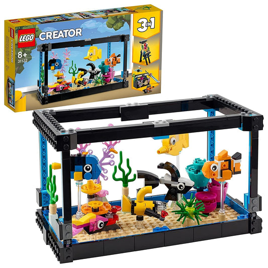 LEGO Creator 3-in-1 Fish Tank 31122 set showcasing the colorful fish, submarine, coral, and aquatic plant.