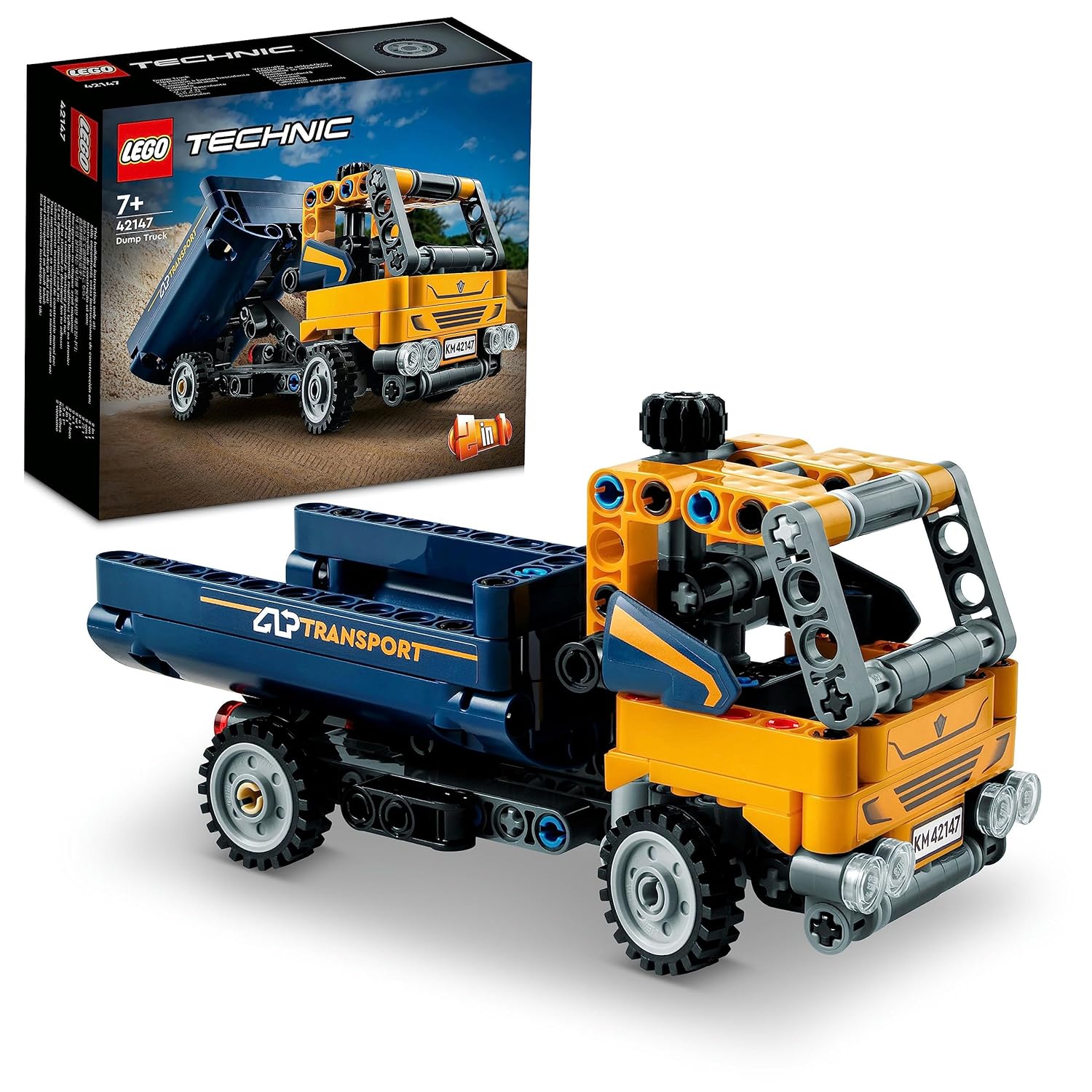 LEGO Technic Dump Truck 42147 showcasing a detailed construction vehicle with tipping bed, designed for builders aged 7+