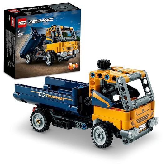 LEGO Technic Dump Truck 42147 showcasing a detailed construction vehicle with tipping bed, designed for builders aged 7+