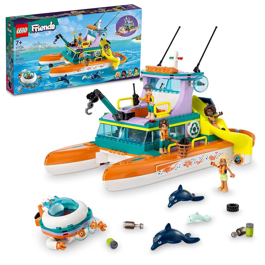 LEGO Friends Sea Rescue Boat (41734) set with a detailed rescue boat, mini-dolls, and accessories for exciting maritime adventures.