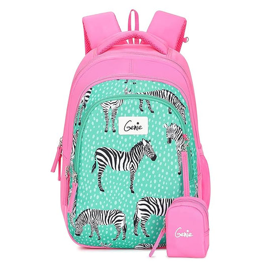 Genie Valerie Kids Backpacks, 15 inches, Cute, Colourful bags for girls, Water Resistant and Lightweight. 3 compartment with Happy Pouch