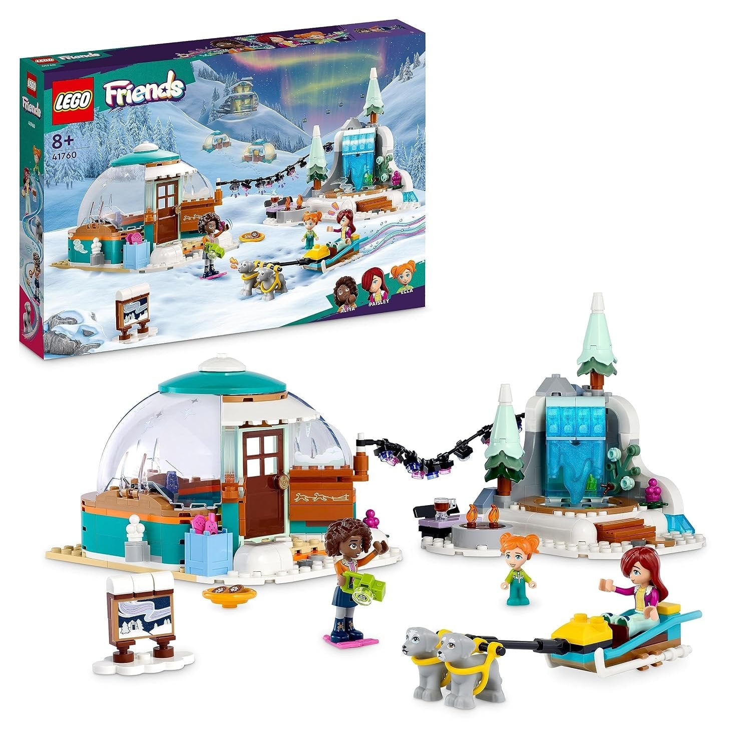 LEGO Friends Igloo Holiday Adventure (41760) set with a detailed igloo, snowy scene, and mini-dolls, perfect for winter-themed creative play.