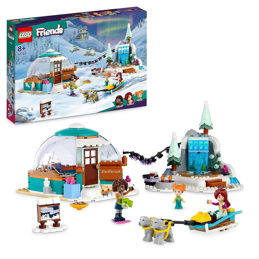 LEGO Friends Igloo Holiday Adventure (41760) set with a detailed igloo, snowy scene, and mini-dolls, perfect for winter-themed creative play.