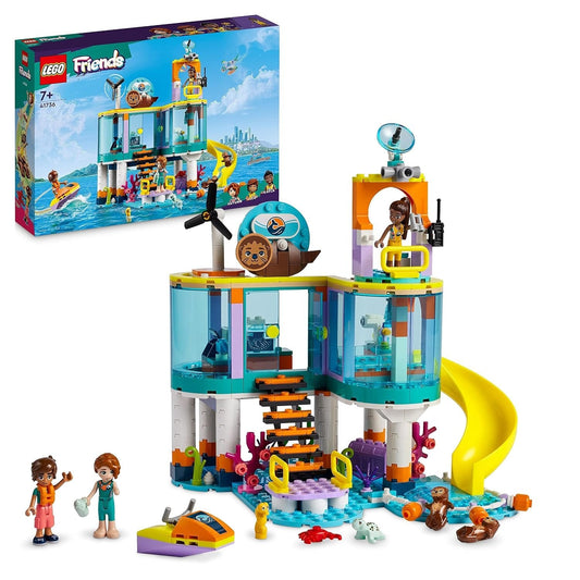 LEGO Friends Sea Rescue Center (41736) set with rescue vehicles, sea creatures, and accessories—perfect for marine-themed creative play.