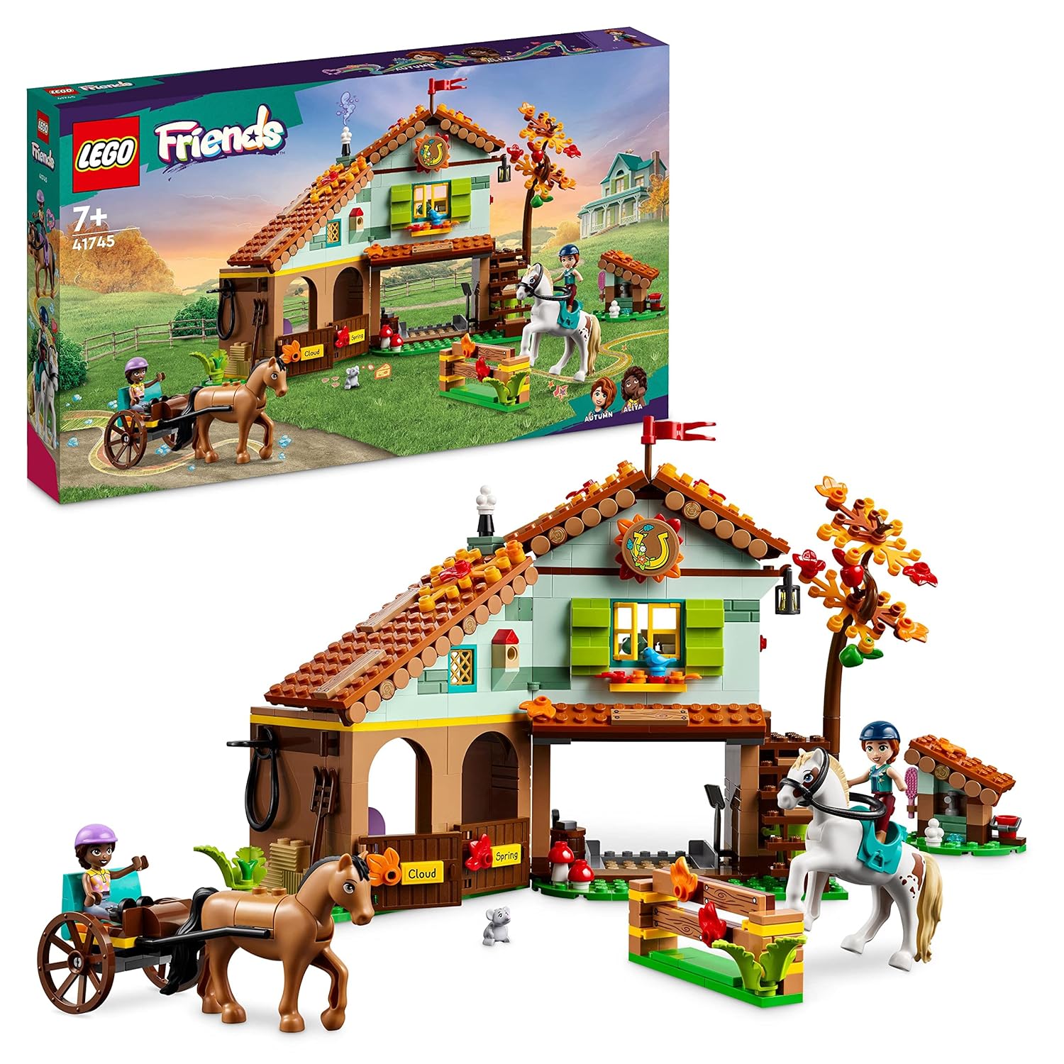 LEGO Friends 41745 Autumn's Horse Stable set with stables, horses, mini-dolls, and farm accessories in a colorful countryside scene