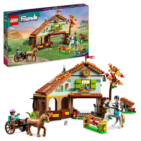 LEGO Friends 41745 Autumn's Horse Stable set with stables, horses, mini-dolls, and farm accessories in a colorful countryside scene