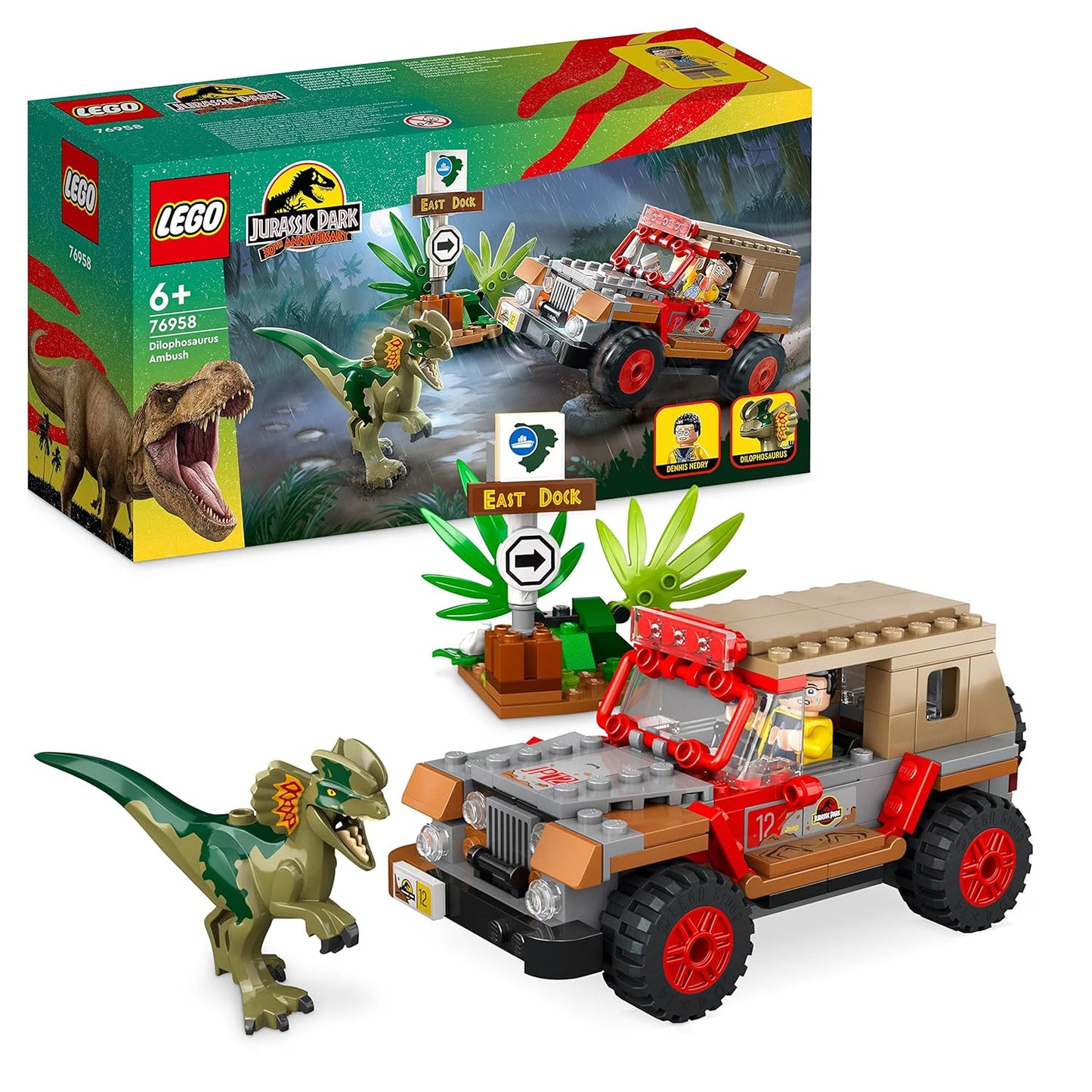 LEGO 76958 Jurassic Park Dilophosaurus Ambush with buildable Jeep, Dennis Nedry minifigure, and Dilophosaurus dinosaur