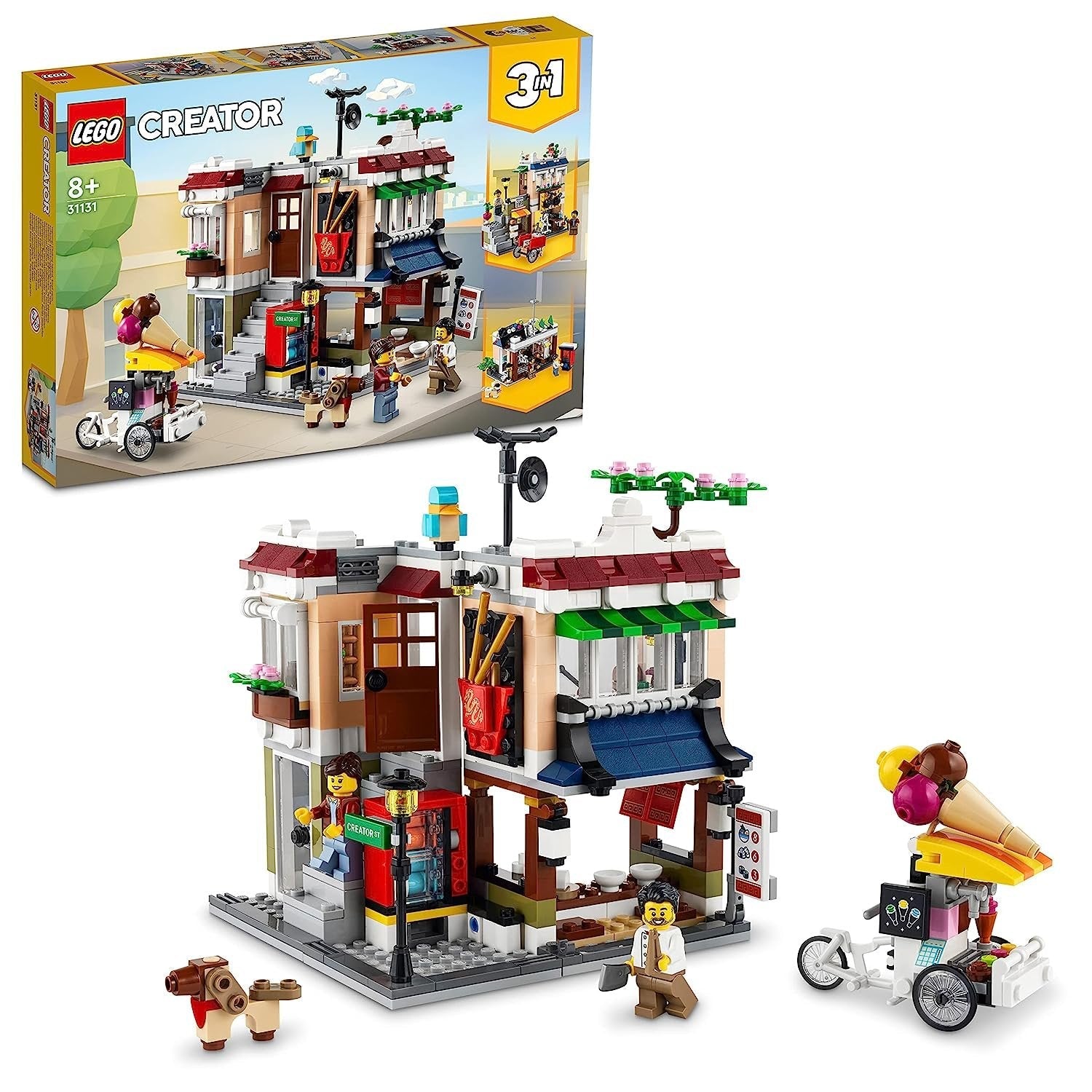 LEGO Creator 3-in-1 Downtown Noodle Shop 31131 – Features a detailed 2-story noodle shop with apartment, convertible into a bike shop or arcade, including 2 minifigures and accessories.