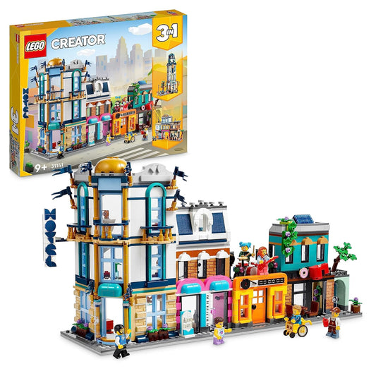 LEGO 31141 Creator Main Street set showcasing a detailed city scene with a 3-floor corner hotel, music store, record store with rooftop band, and café, complete with minifigures.​
