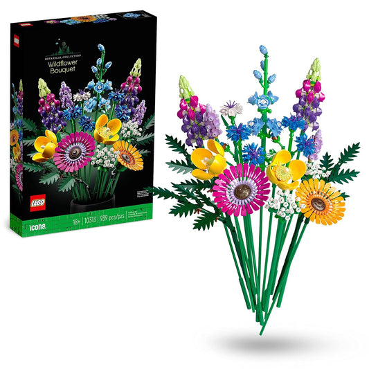 LEGO Icons Wildflower Bouquet Set 10313, a 939-piece floral arrangement featuring cornflowers, lavender, Welsh poppies, cow parsley, leatherleaf ferns, gerbera daisies, larkspur, and lupins, designed for builders aged 18 and up.