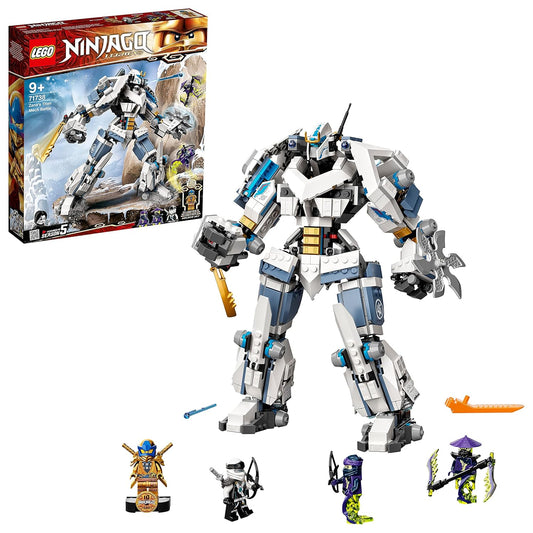 LEGO 71738 Ninjago Zane's Titanium Mech with weapons, minifigures, and action-packed battle scene