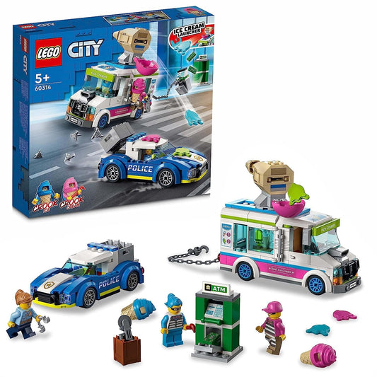 LEGO 60314 City Ice Cream Van Police Chase set with crook minifigures, police bike, and a vibrant ice cream van for fun-filled chases.
