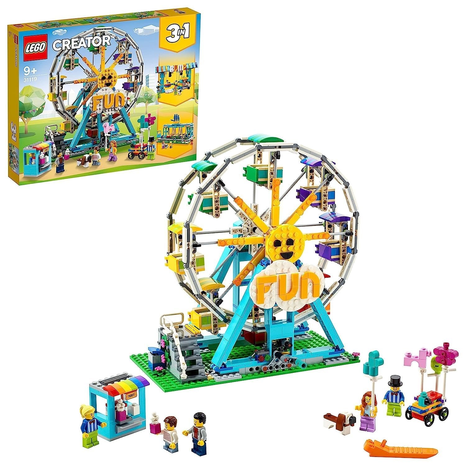 LEGO Creator 3-in-1 Ferris Wheel 31119 set with 1,002 pieces, including a rotating Ferris Wheel with 8 gondolas, ticket booth, balloon cart, and 5 minifigures.