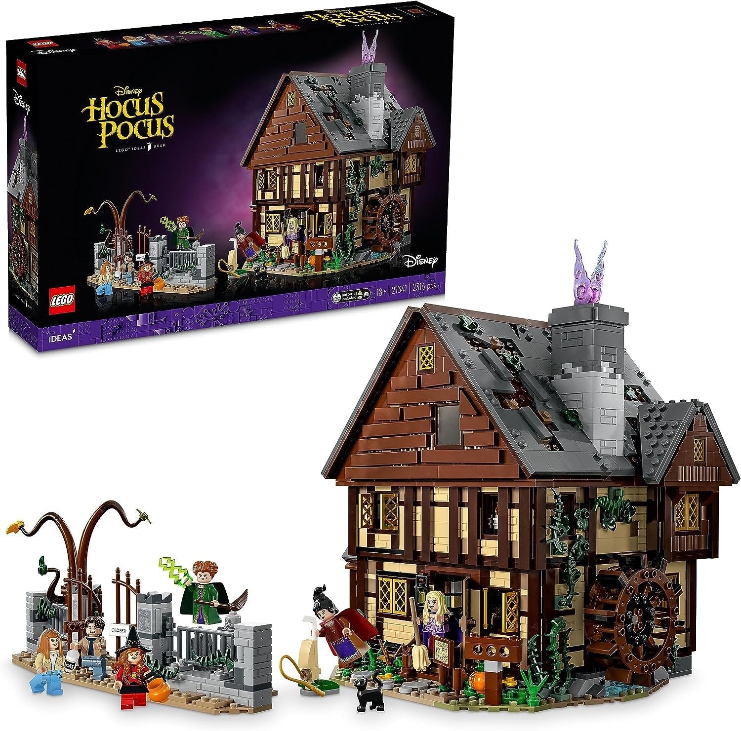 LEGO 21341 Disney Hocus Pocus: The Sanderson Sisters' Cottage set featuring a detailed cottage with attic, cauldron with light brick, and 7 minifigures including Winifred, Mary, Sarah, Dani, Allison, Max, and Thackery Binx.