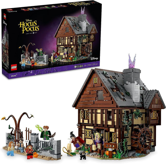 LEGO 21341 Disney Hocus Pocus: The Sanderson Sisters' Cottage set featuring a detailed cottage with attic, cauldron with light brick, and 7 minifigures including Winifred, Mary, Sarah, Dani, Allison, Max, and Thackery Binx.