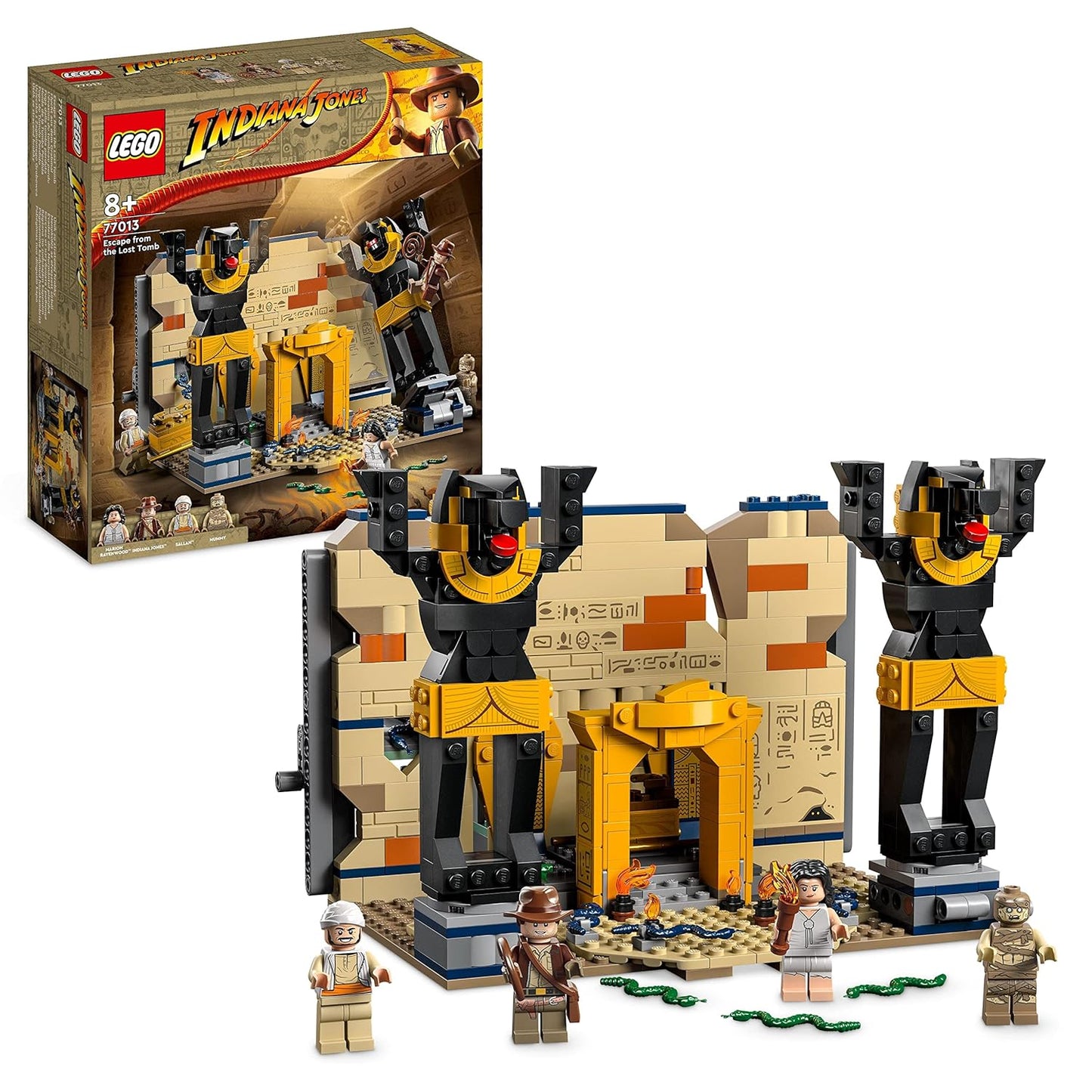LEGO 77013 Indiana Jones: Escape from the Lost Tomb set featuring a detailed temple facade with Anubis statues, secret passage, snake traps, and minifigures of Indiana Jones, Marion Ravenwood, Sallah, and a mummy.​