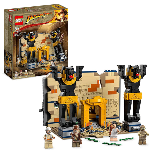 LEGO 77013 Indiana Jones: Escape from the Lost Tomb set featuring a detailed temple facade with Anubis statues, secret passage, snake traps, and minifigures of Indiana Jones, Marion Ravenwood, Sallah, and a mummy.​