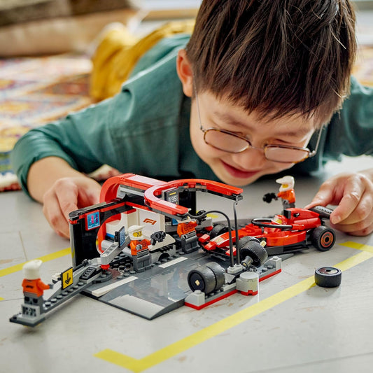LEGO City F1 Pit Stop & Pit Crew with Ferrari Car Toy - Formula 1 Set incl. a Driver Minifigure, 4 Mechanics, Spare Tyres & Wheel Guns - Building Toys for 6+ Year Old Boys & Girls - 60443