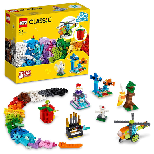 LEGO Classic 11019 Bricks & Functions set with colorful bricks, gears, and creative builds for imaginative play